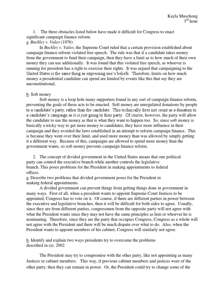 frq practice 1 ap gov Campaign Finance In The United States Buckley