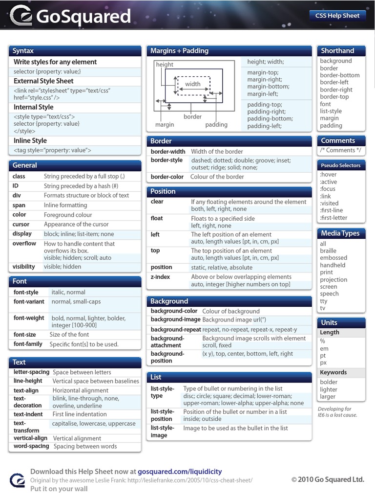 CSS2 Help Sheet | PDF | Cascading Style Sheets | Typography