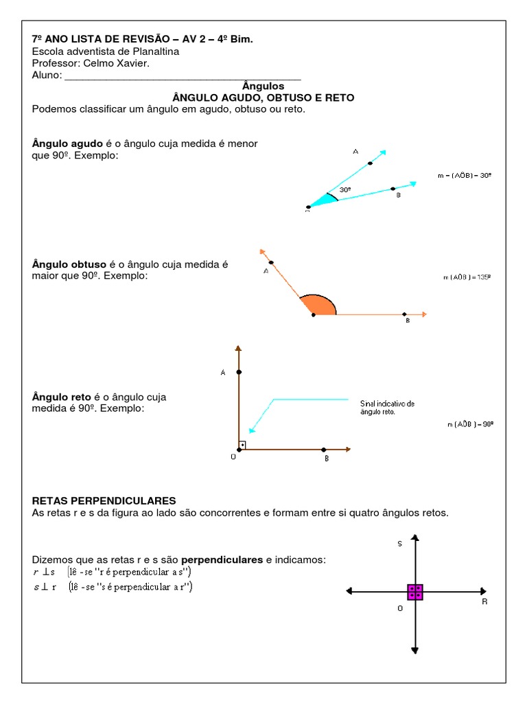Exercícios sobre Ângulos - 7º Ano | PDF