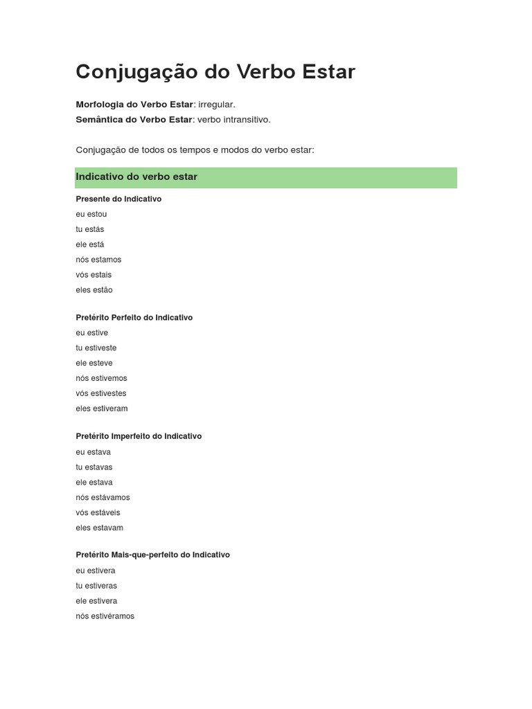 Conjugação do Verbo Estar | Tempo Gramatical | Assunto (Gramática ...