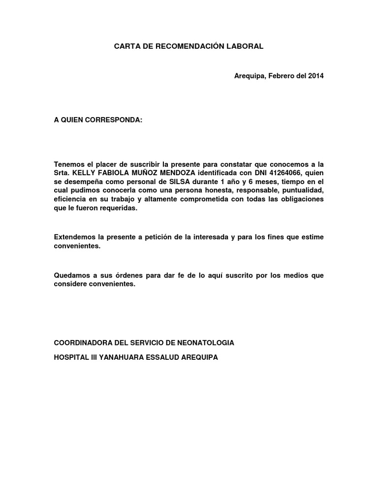 Carta de Recomendación Laboral  PDF