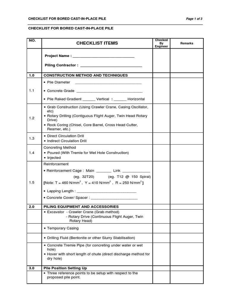 Bored Pile Construction Checklist | PDF | Deep Foundation | Concrete