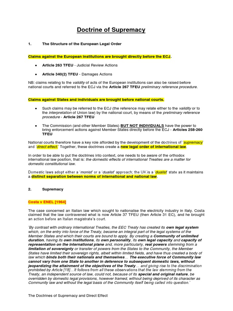 Doctrine of Supremacy | PDF | European Court Of Justice | European ...