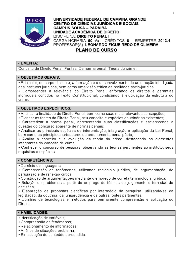 Plano De Curso Direito Penal I Pdf Direito Penal Crime E Violência