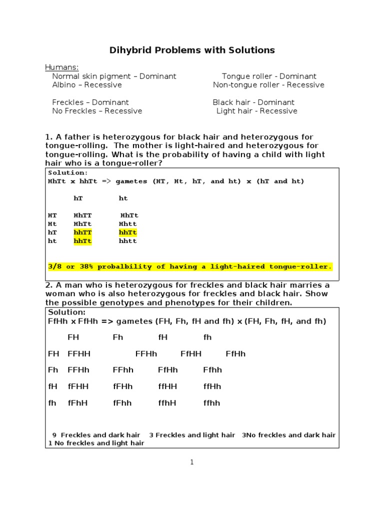 worksheet Dihybrid Crosses Worksheet dihybrid problems key dominance genetics allele