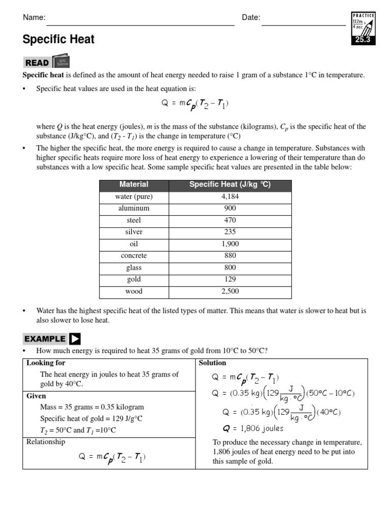 worksheet Heat And Its Measurement Worksheet Answers specific heat worksheet capacity kilogram