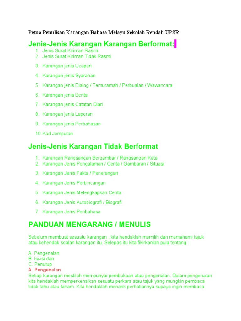 Petua Penulisan Karangan Bahasa Melayu Sekolah Rendah Upsr Pdf