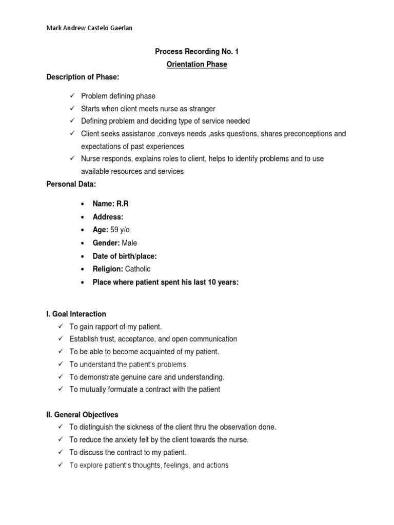 Process Recording: Orientation Phase Analysis | PDF | Sibling | Nursing