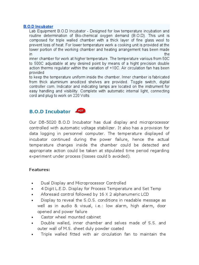 An Accurate Technical Description and Specifications for the B.O.D