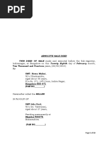 Sample Sale Deed For Property Registration in Bangalore