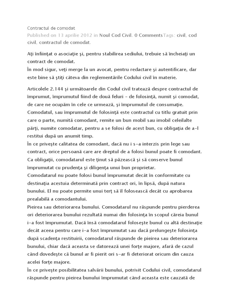 Contractul De Comodat In Noul Cod Civil