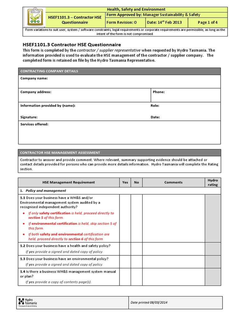 HSEF1101.3 Contractor HSE Questionnaire Occupational Safety And