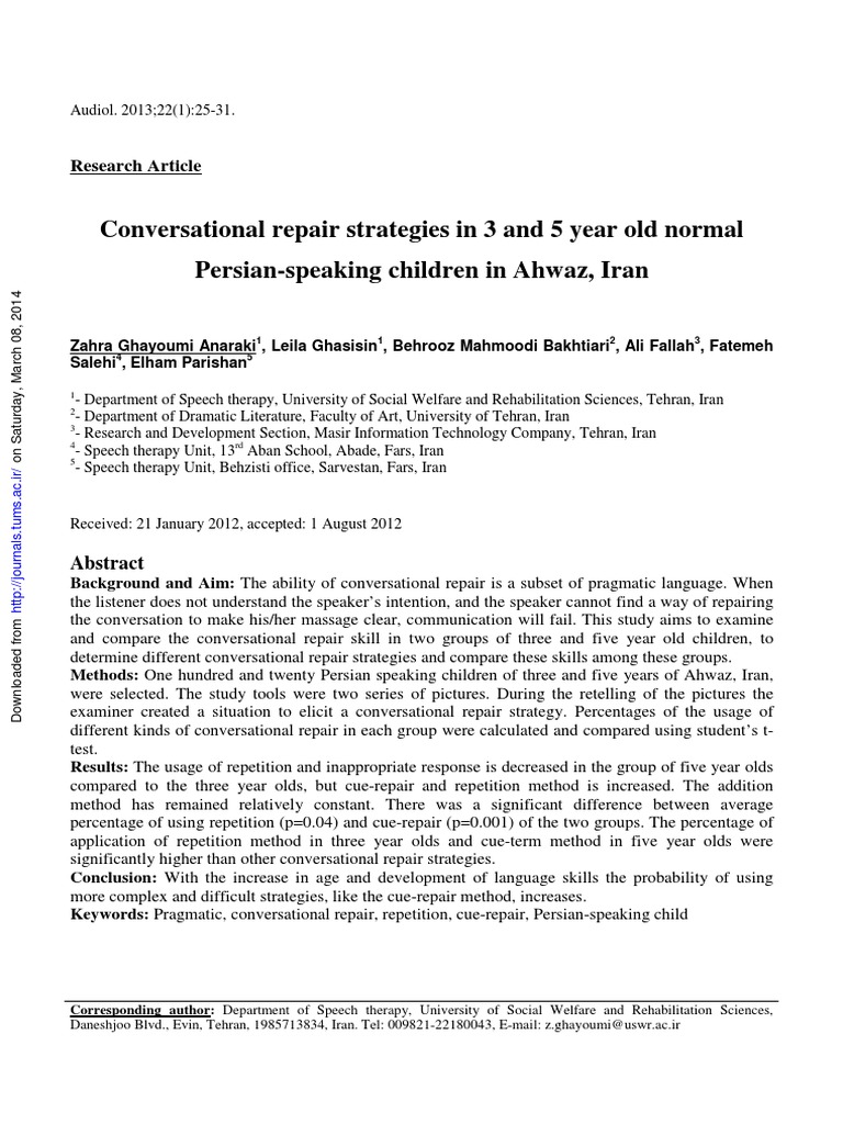 Conversational Repair Strategies in 3 and 5 Year Old Normal Persian ...