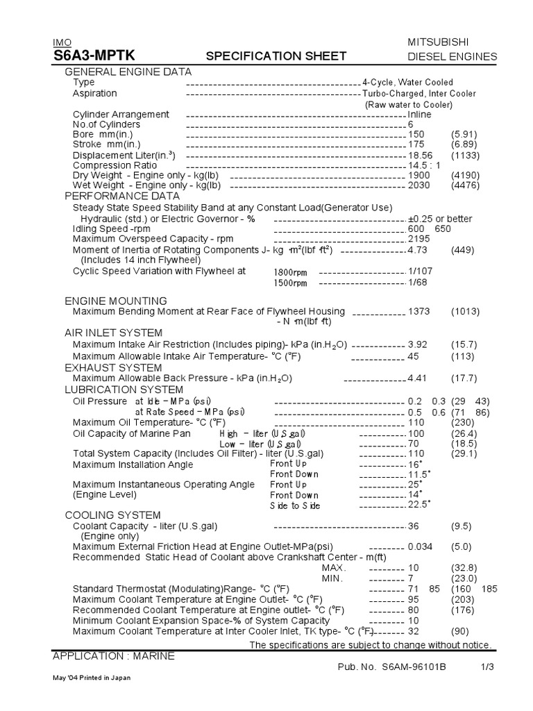 Mitsubishi S6A3-MPTK Engine Specs | PDF | Engines | Diesel Engine