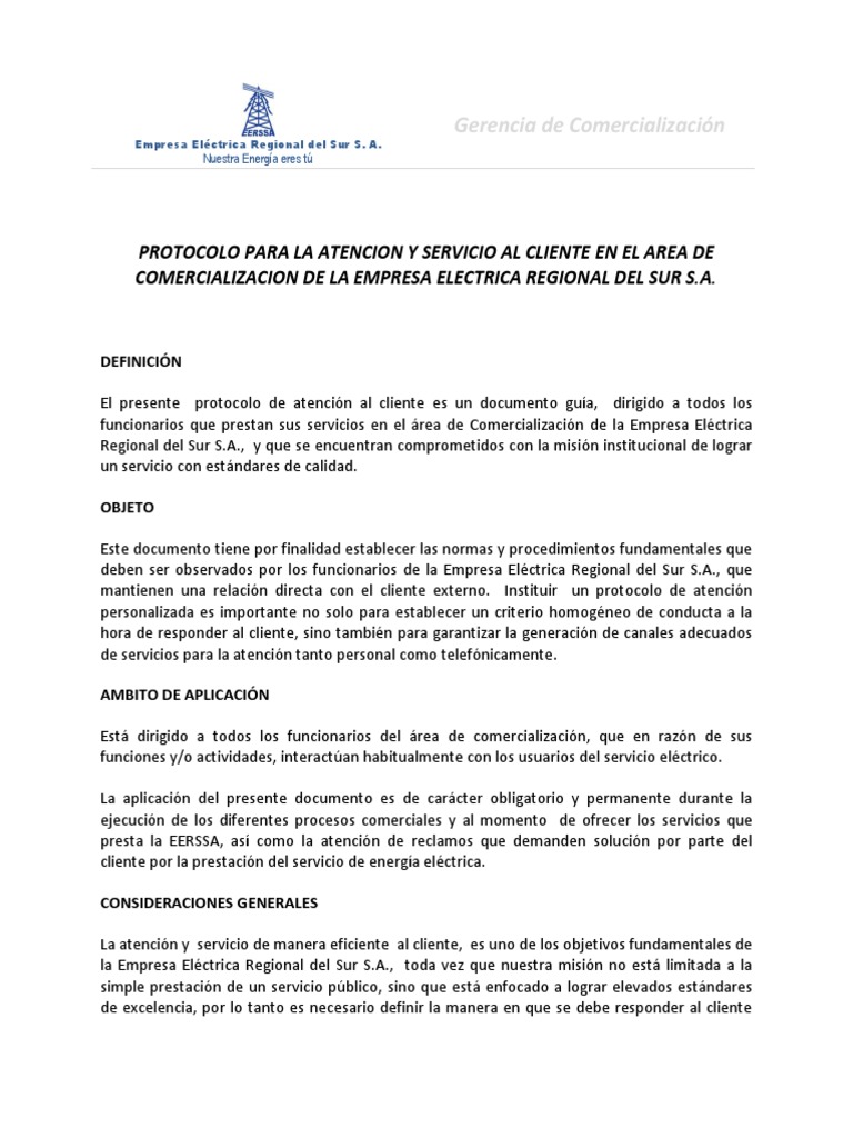 Protocolo de Atención al Cliente EERSSA | PDF | Servicio al Cliente ...