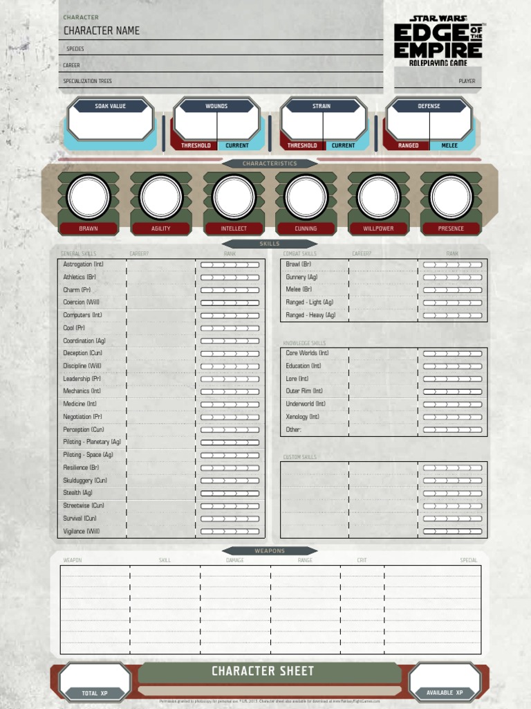 Edge of the Empire Character Sheet