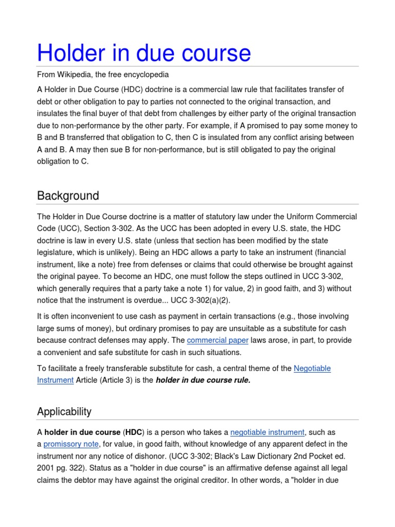 Holder in Due Course Definition Negotiable Instrument Uniform