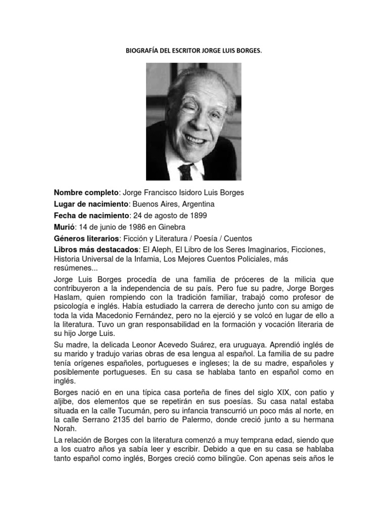 va a decidir Buzo vesícula biliar Biografía Del Escritor Jorge Luis Borges | PDF | Idiomas