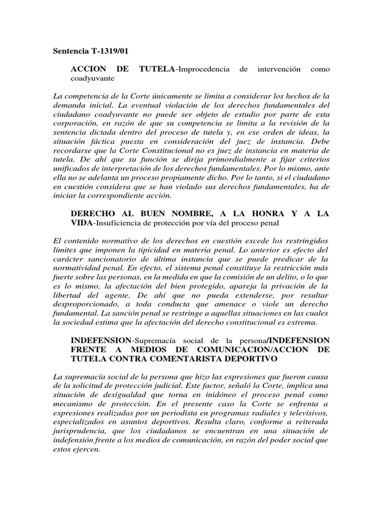 CC Colombia - Sentencia T 1319-01 | PDF | Derecho Constitucional