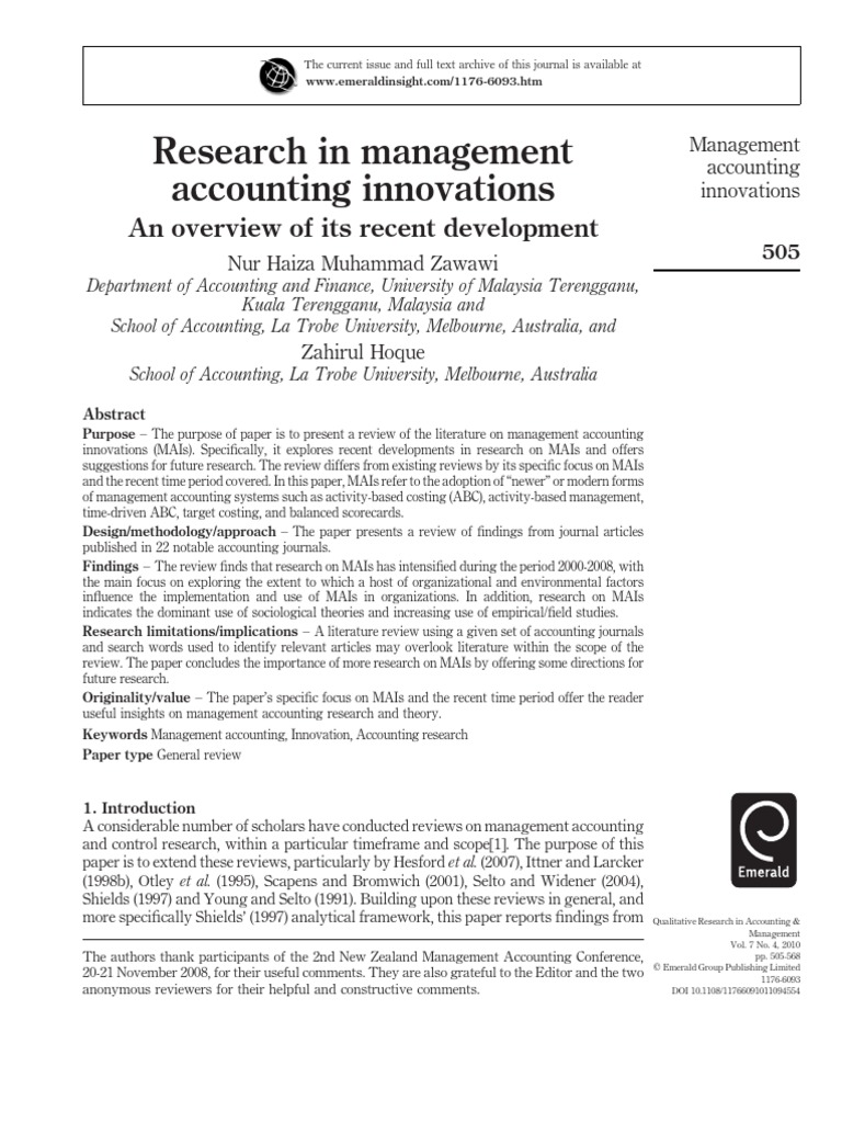 Research in Management Accounting Innovations A Management