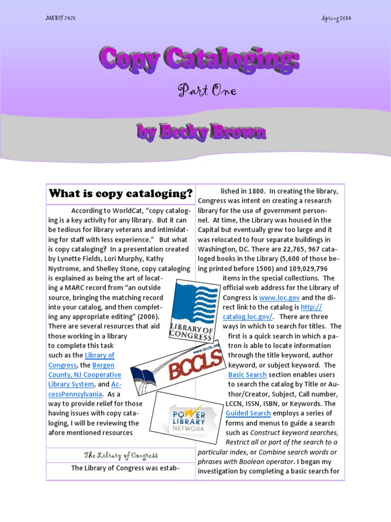 7478 Copy Cataloging 1 REB Libraries Cataloging