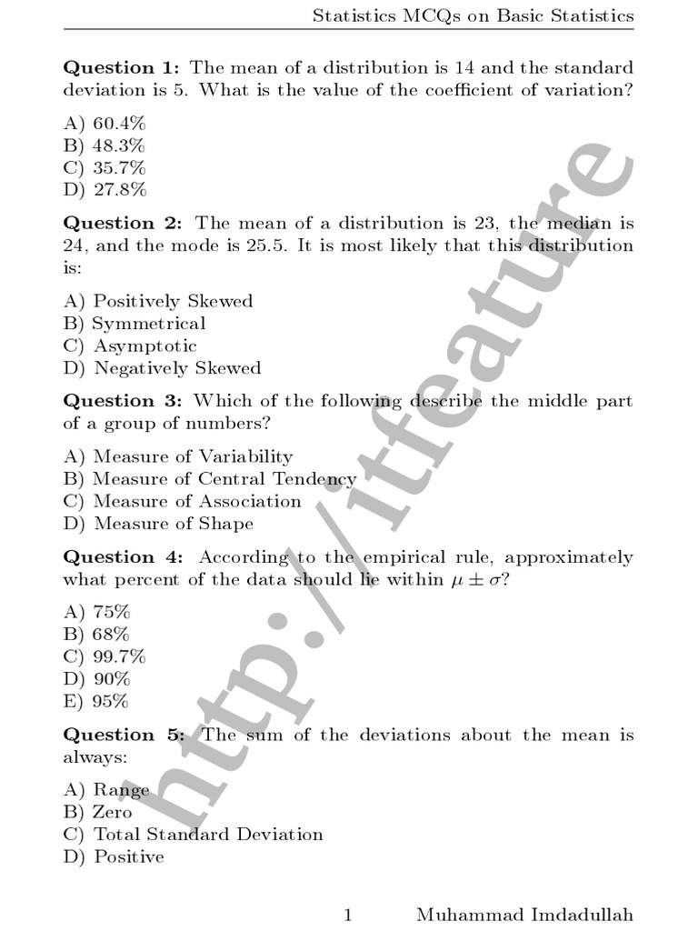 Mcqs Basic Statistics 1 Statistics Standard Deviation