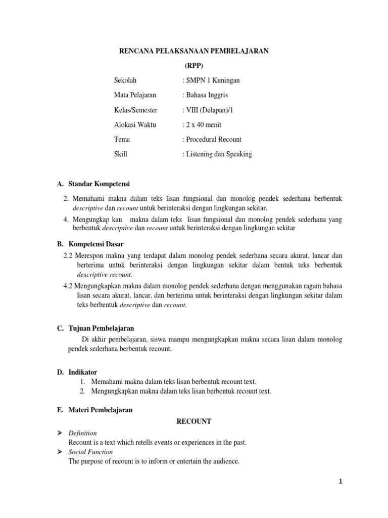 RPP Pembelajaran Procedural Recount | PDF