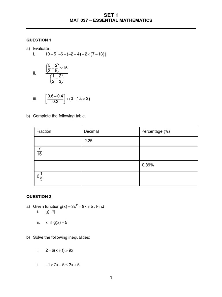 Mat 037-Set 1 | PDF | Prices | Teaching Mathematics