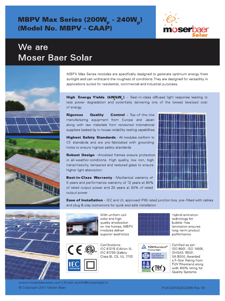 We Are Moser Baer Solar: MBPV Max Series (200W - 240W) (Model No. MBPV ...