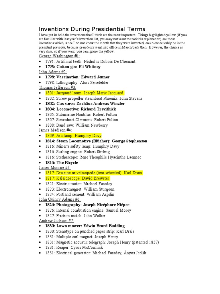 Inventions by U.S. Presidential Era | PDF | Telegraphy | Car
