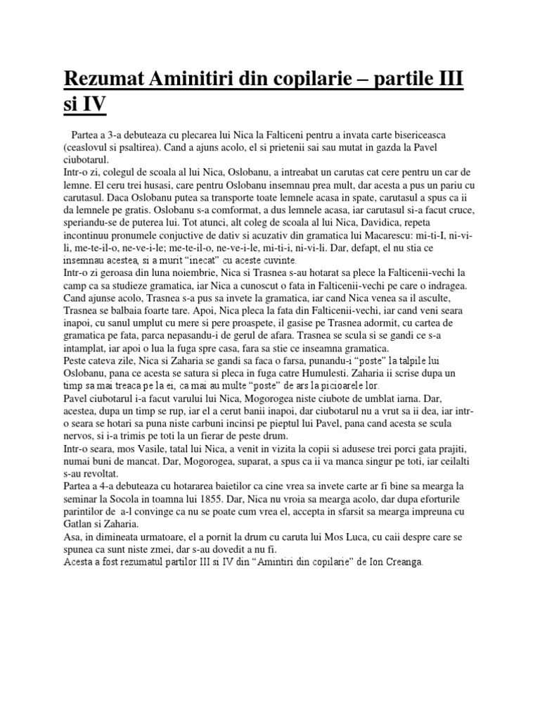 Ion Creanga Amintiri Din Copilarie Rezumat Pe Scurt Amintiri Din Copilarie 3,4 | PDF
