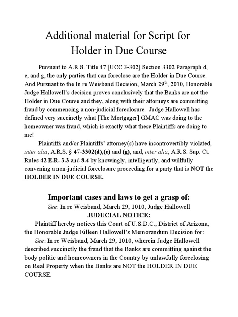 Holder in Due Course Script2 Retail Financial Services Mortgages