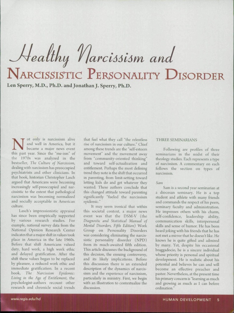 Healthy Narcissism and NPD, Sperry | PDF | Narcissism | Diagnostic And ...