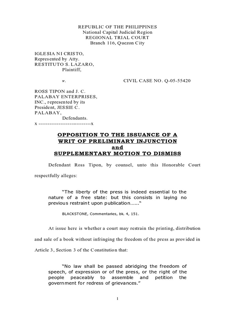 Sample Opposition For Issuance of A Writ For Preliminary Injunction ...
