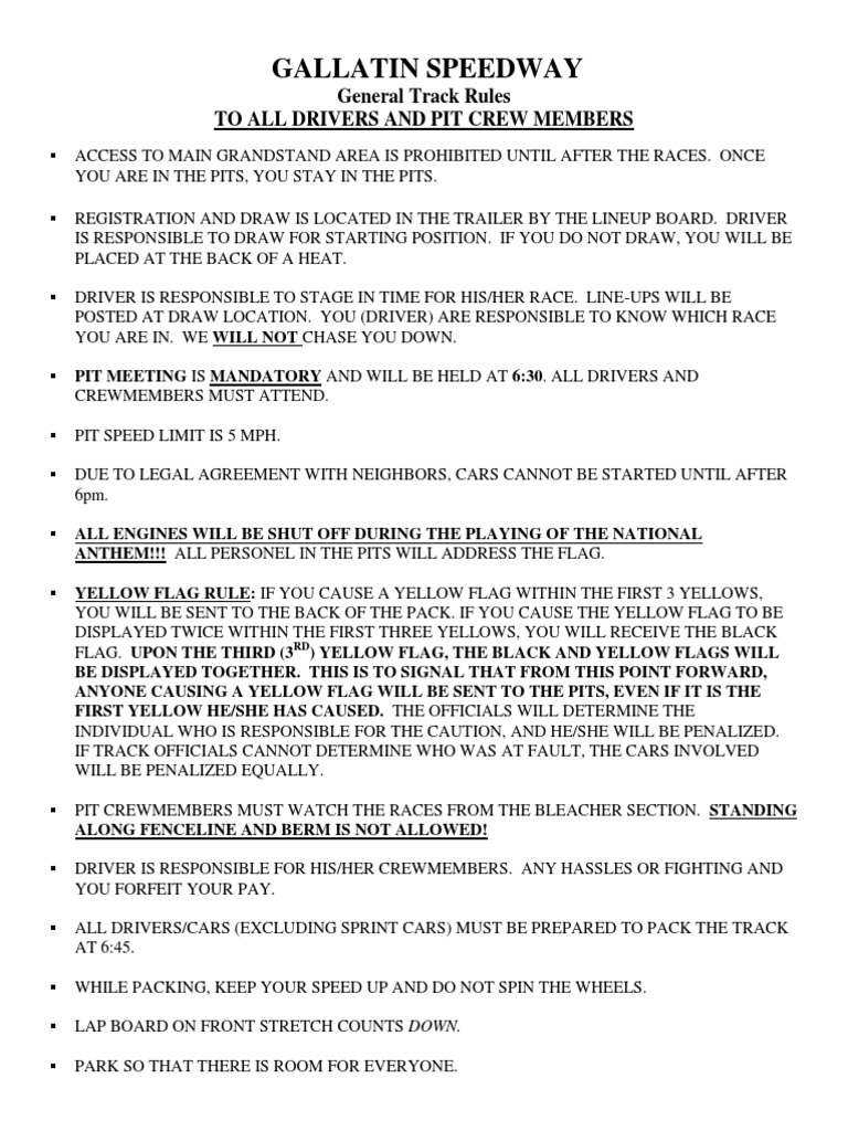 Gallatin Speedway: General Track Rules To All Drivers and Pit Crew ...