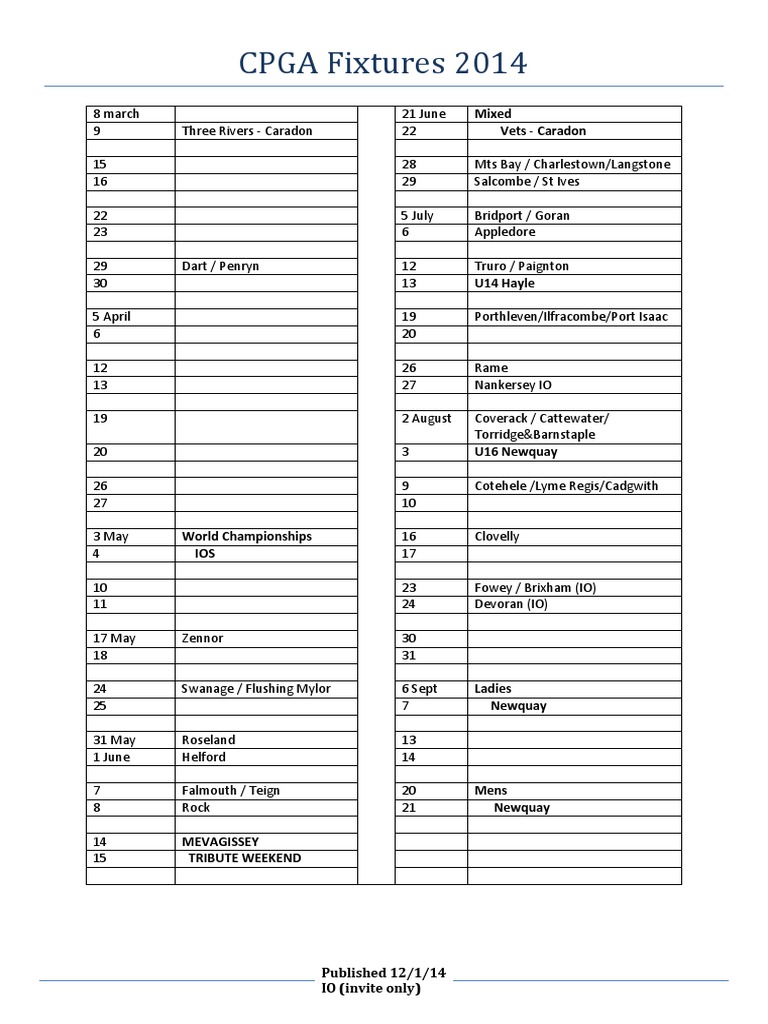 CPGA Fixtures Schedule 2014 | PDF