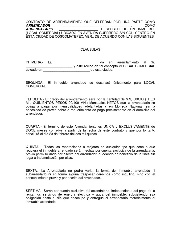 Contrato de Arrendamiento Que Celebran Por Una Parte Como