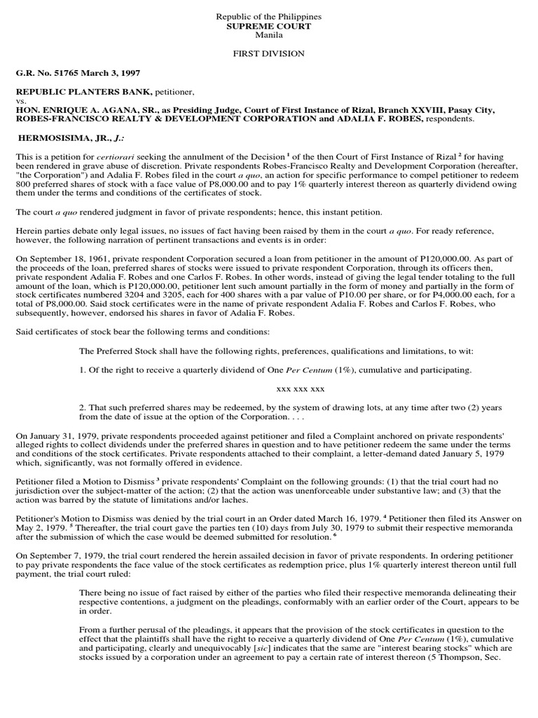 GR 51765 Rep Planters Bank Vs Enrique Agana PDF Stocks Preferred