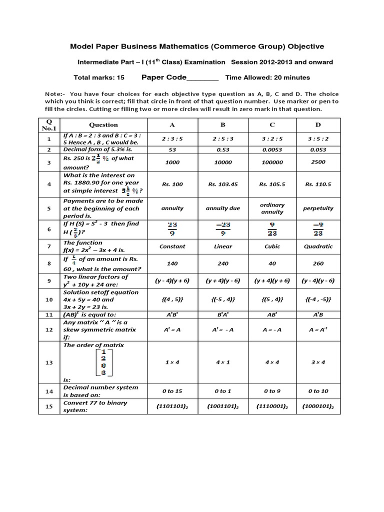 11th BusinessMath Model Paper | PDF | Matrix (Mathematics) | Interest