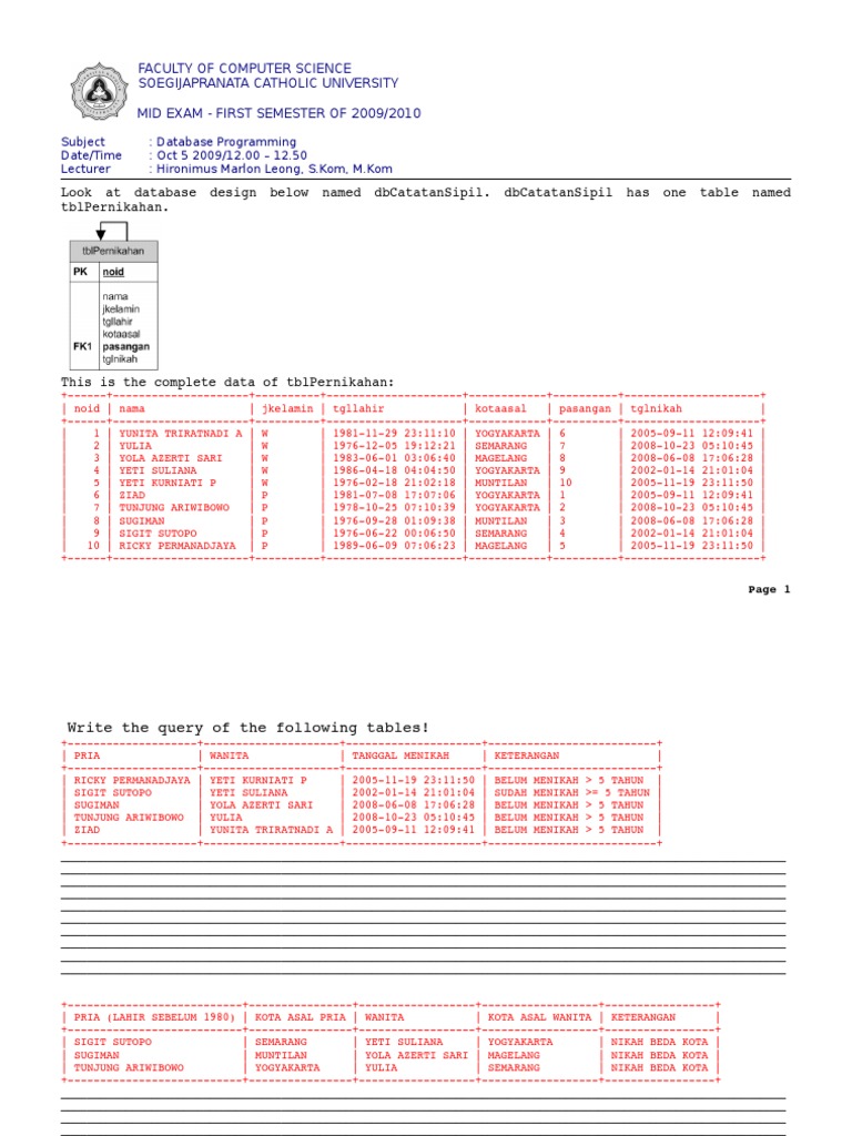 Database Programming Mid Exam 2009 | PDF