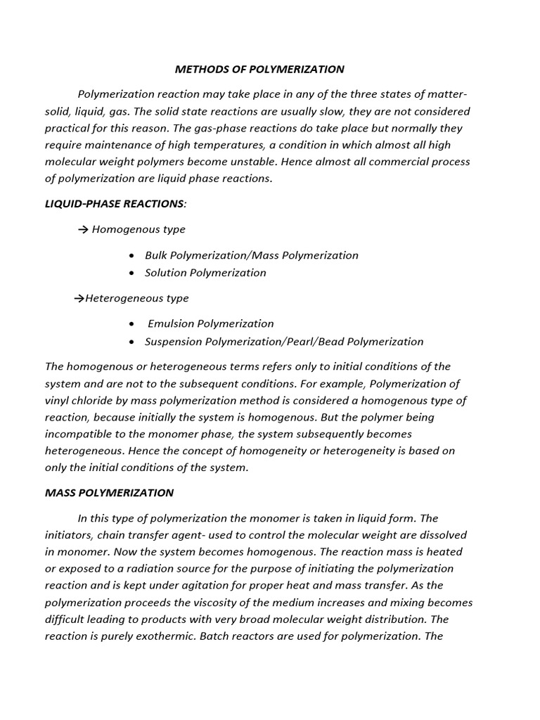 Four Polymerization Techniques (Bulk, Solution, Suspension and Emulsion