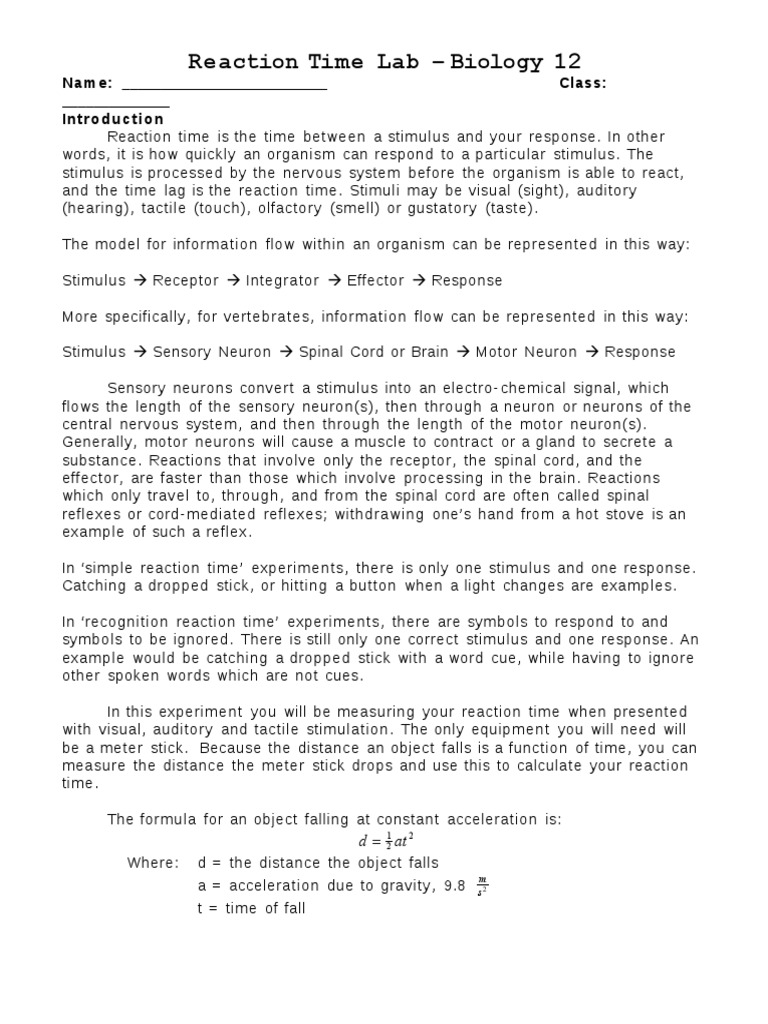 Reaction Time Lab PDF Stimulus (Physiology) Mental Chronometry