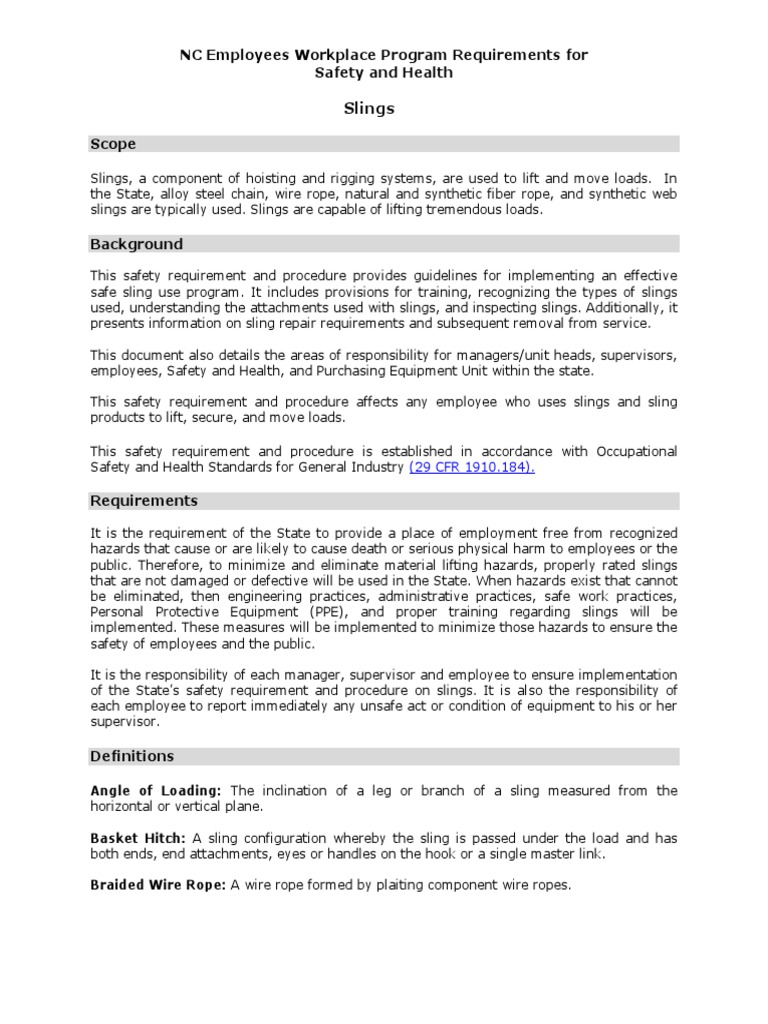 Guidelines for Implementing an Effective Safe Sling Use Program in North Carolina State Agencies