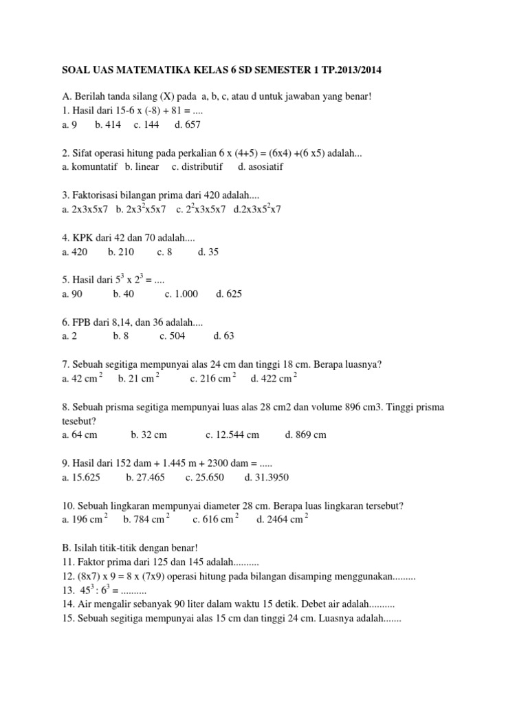 Persiapan Unggul: Panduan Lengkap Download Soal UAS Matematika Kelas 6 SD Semester 1 Persiapan Unggul: Panduan Lengkap Download Soal UAS Matematika Kelas 6 SD Semester 1