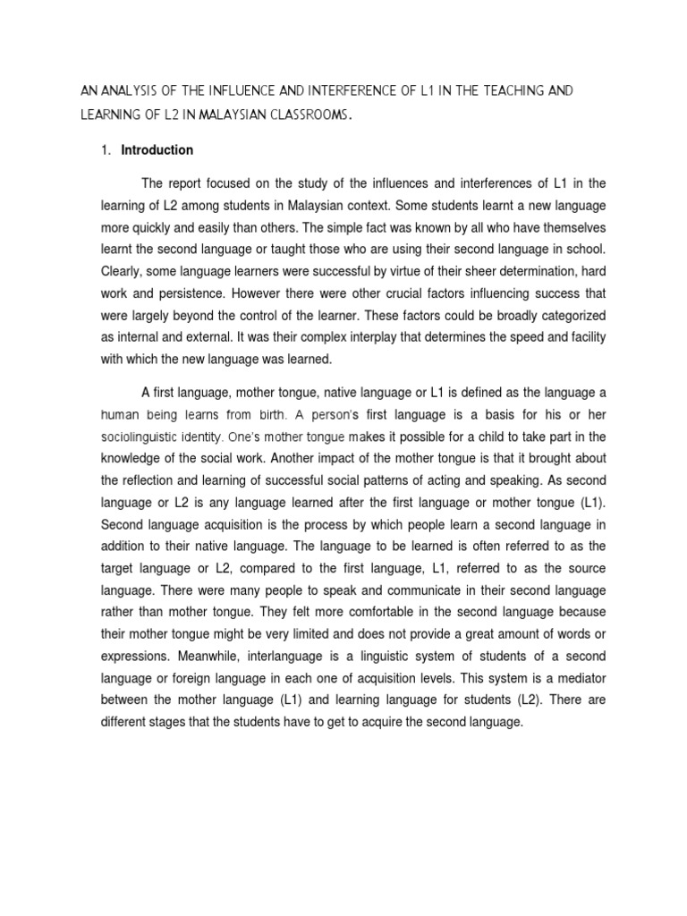 An Analysis of The Influence and Interference of l1 in The Teaching and ...