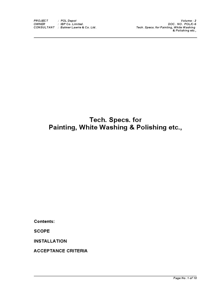 Tech. Specs. For Painting, White Washing & Polishing Etc., Contents Scope Installation