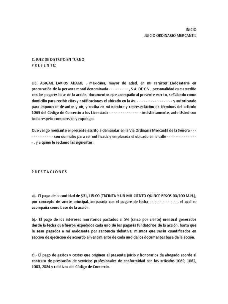 DEMANDA JUICIO ORDINARIO MERCANTIL - PAGARE - Endosataria en Procuración |  PDF | Demanda judicial | Evidencia (ley)