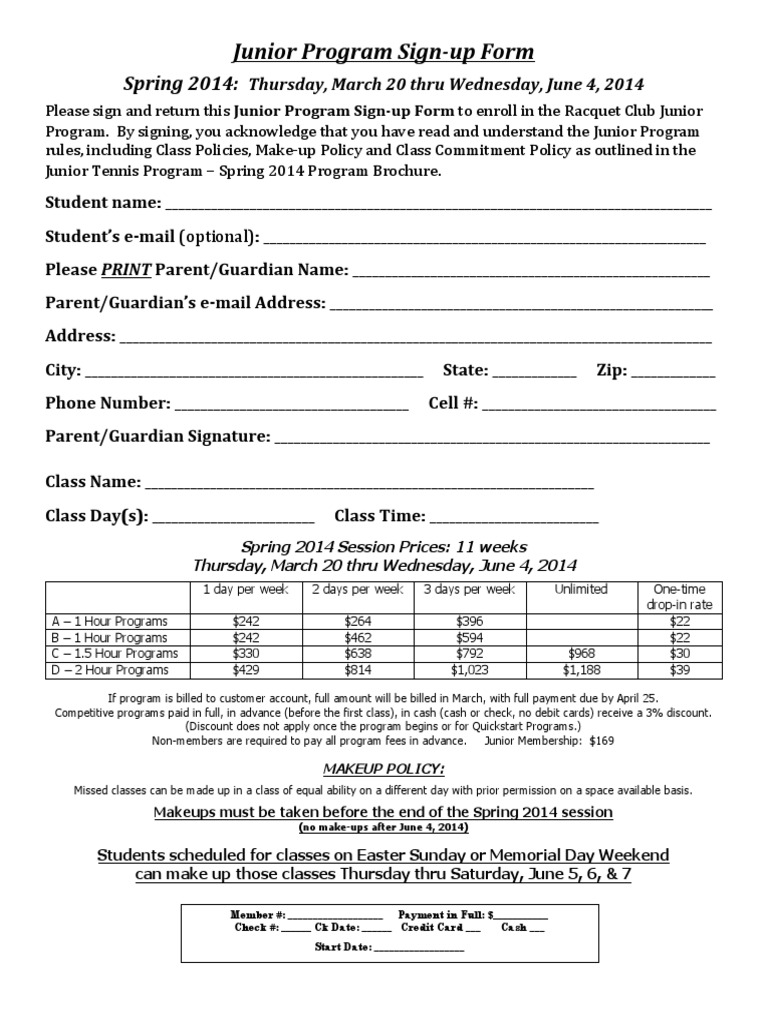 Junior Program Sign-up Form 2014 | PDF