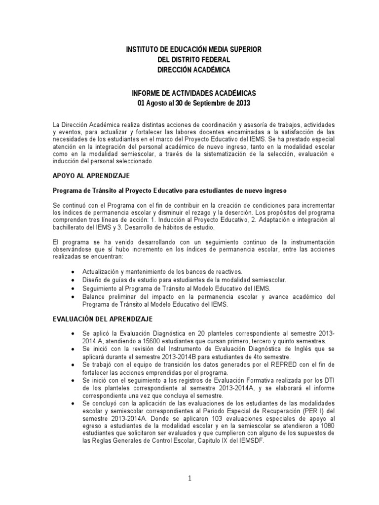 Ejemplo de informe de actividades académicas