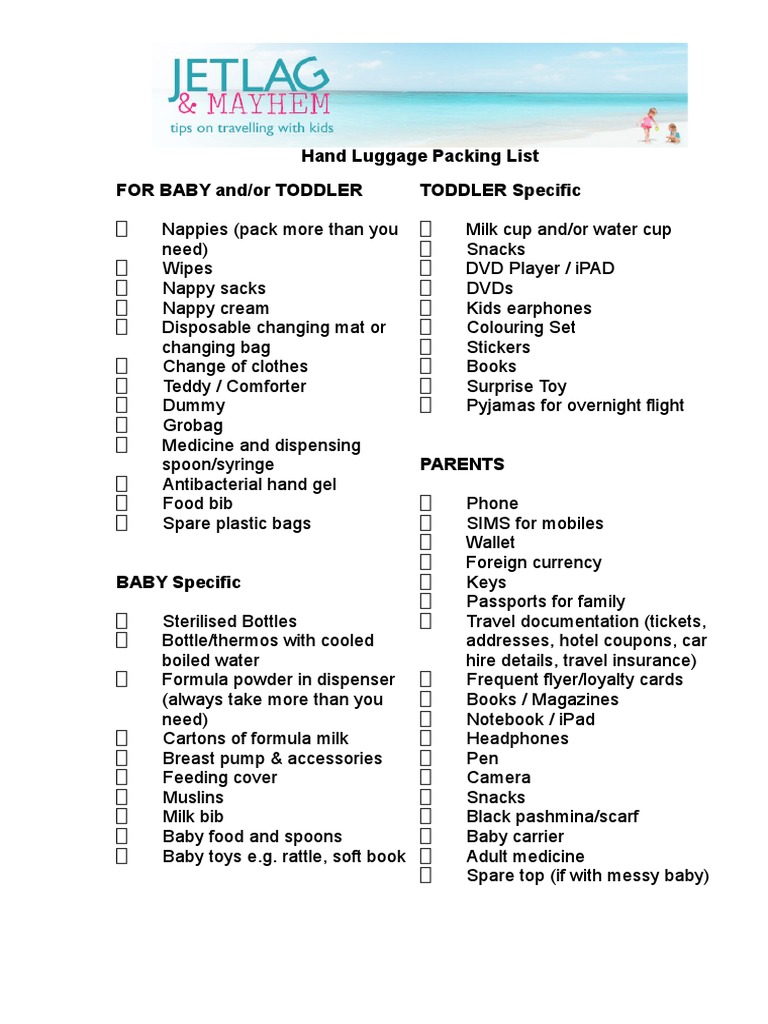 Hand Luggage Packing List For Baby And/Or Toddler TODDLER Specific PDF